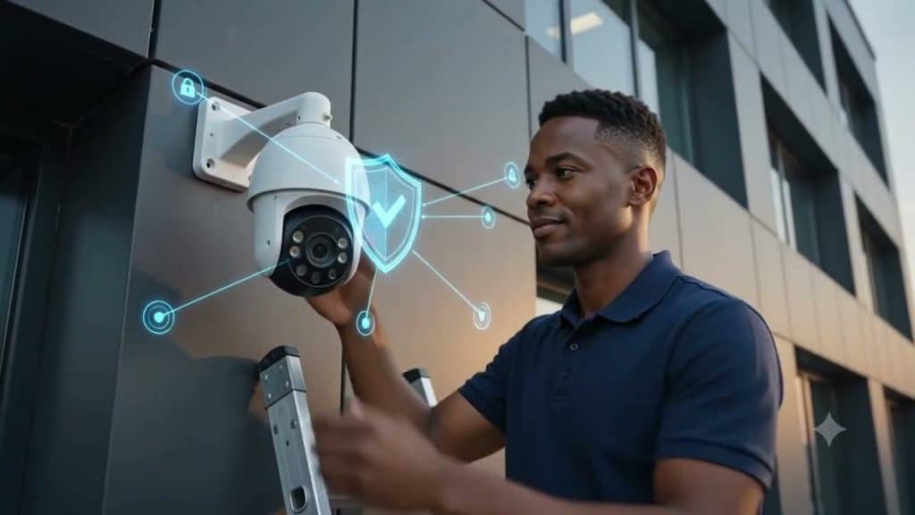 Technicien FHATECH installant une caméra de surveillance à Dakar